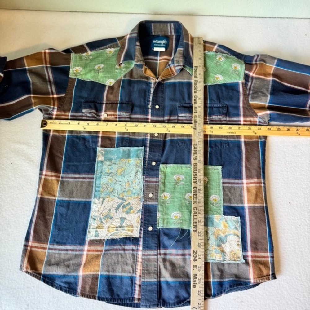 Upcycled Wrangler Custom Western Shirt Plaid Pearl Snap Bird Floral Blue Brown - Picture 6 of 8